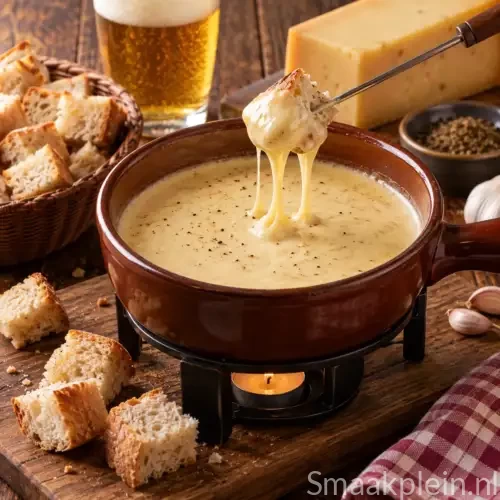 Duitse Bierkäse van gesmolten Goudse kaas en bier met stukken grof bruinbrood