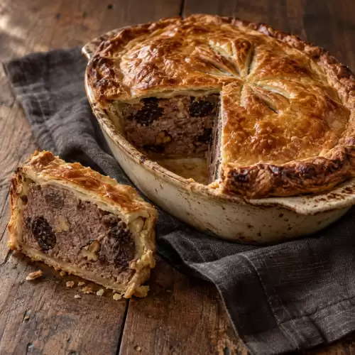 Eendenpastei met pruimen en walnoten in een goudbruin pasteideeg.