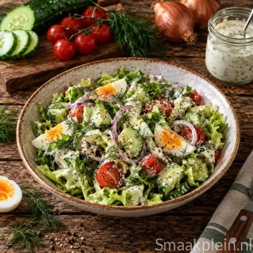 Eiersalade met gemengde sla, kerstomaatjes, augurk, sjalot en dille
