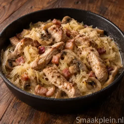 Elzasser reepjesvlees met zuurkool, katenspek en champignons in romige saus