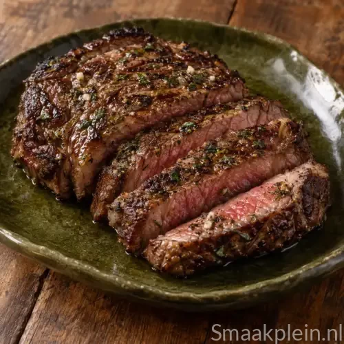 Gegrilde entrecote gemarineerd in rode wijn met knoflook, peterselie en munt