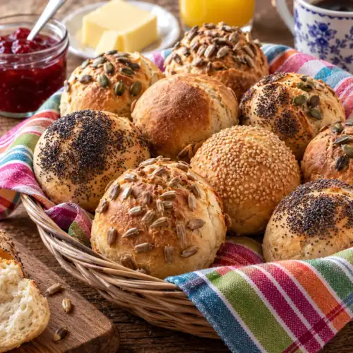 Feestelijke zelfgebakken breekbroodjes met verschillende zaden en pitten