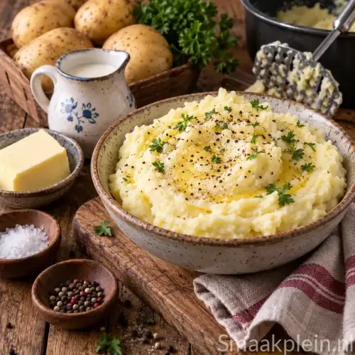 Fluweelzachte aardappelpuree met roomboter, melk en room geserveerd als romig bijgerecht