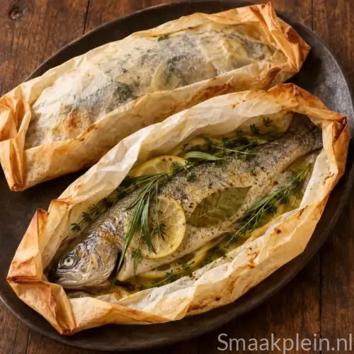 Forel in papillot met Provençaalse kruiden, citroen, tijm en olijfolie