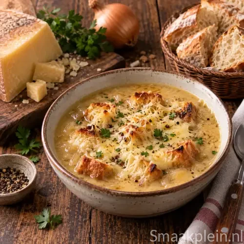 Franse Cantemerlou met gesmolten Goudse kaas en stukjes brood