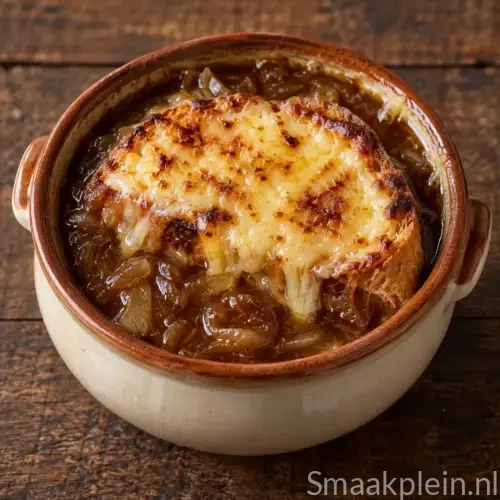 Franse gegratineerde uiensoep met geroosterd boerenbrood en gesmolten Gruyère