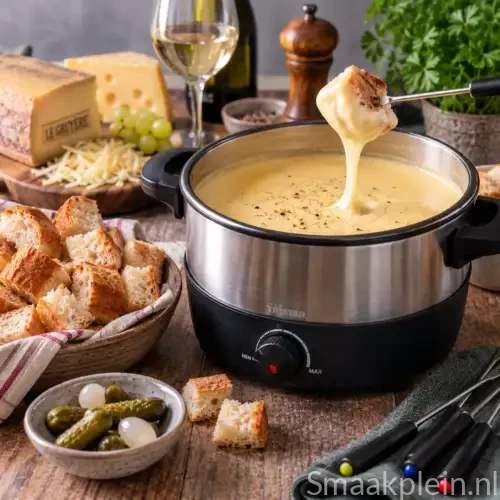 Franse Fondue bourbonnaise met romige geitenkaas en eidooier geserveerd met krokante croutons