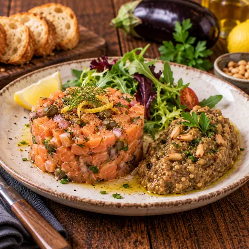 Franse zalmtartaar met auberginekaviaar, verse kruiden, kappertjes en een frisse salade.