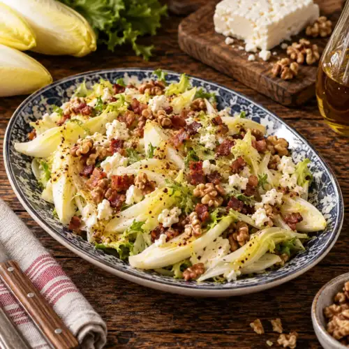 Frisse andijviesalade met feta, krokant ontbijtspek, walnoten en mosterddressing