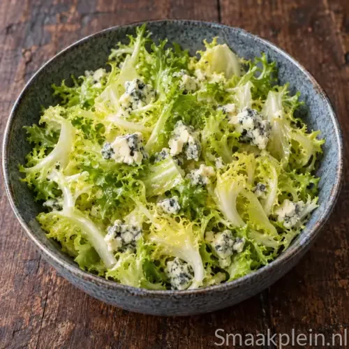 Frisse andijviesalade met verkruimelde Roquefort en dressing van citroen en olijfolie