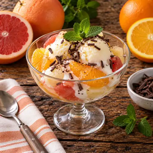 Frisse citrussorbet met grapefruit, sinaasappel, yoghurt, ijswafel en chocolade