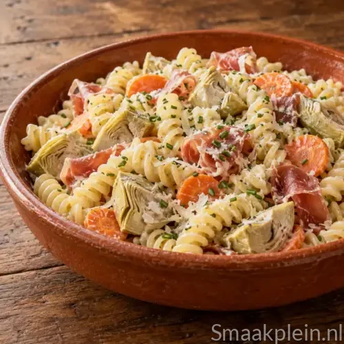 Frisse fusilli met prosciutto, artisjokharten, wortel, Parmezaanse kaas en kwarkdressing
