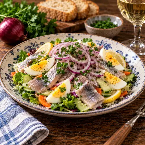 Frisse haringsalade met appel, citroen, rode ui en wortel