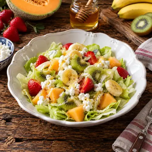 Frisse ijsbergsla met gemengd seizoensfruit, hüttenkäse, grapefruit en honing