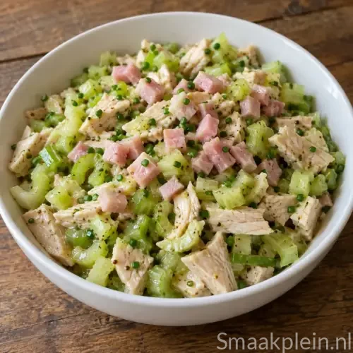 Frisse kalkoensalade met bleekselderij, bieslook en gerookte ham