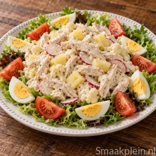 Frisse kipsalade met ananas, bloemkool, radijs en gekookt ei