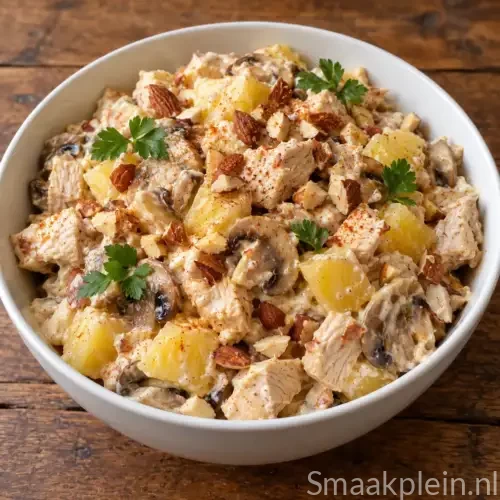 Frisse kipsalade met ananas, champignons en geroosterde amandelen