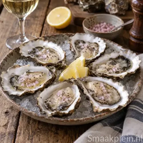 Frisse oesters naturel met citroen en fijngesneden sjalot geserveerd als feestelijke amuse