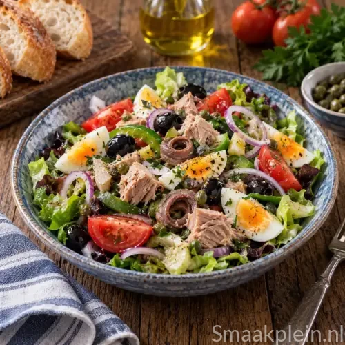 Frisse Franse salade Niçoise met tonijn, ei, tomaat, zwarte olijven, ansjovis en kappertjes