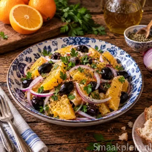 Frisse sinaasappelsalade met zwarte olijven, ijsbergsla en uienringen