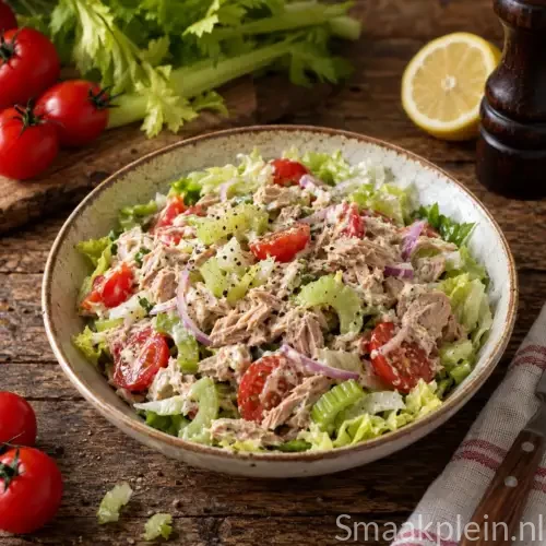 Frisse tomaat-tonijnsalade met bleekselderij, ei en romige yoghurtdressing