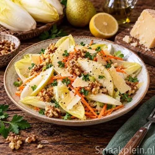 Frisse witlofsalade met oude kaas, peer en veldsla