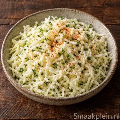 Frisse wittekoolsalade met romige dressing, mosterd, citroen en mierikswortel