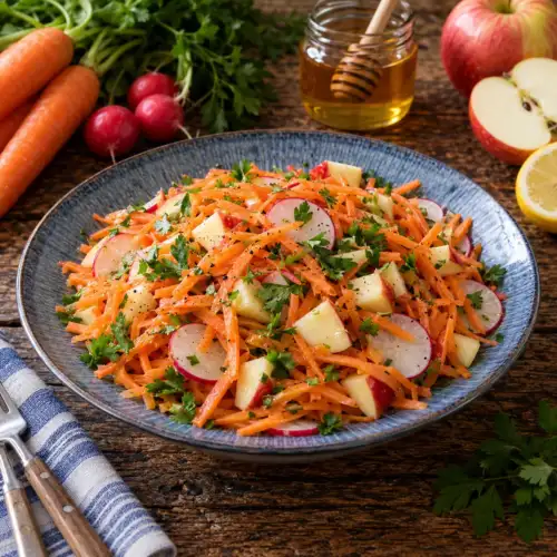 Frisse wortelsalade met radijs, raapsteeltjes en sinaasappeldressing