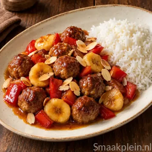 Fruitige gehaktballetjes met banaan, perzik, mandarijn en romige saus