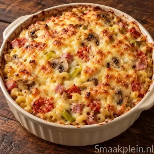 Gegratineerde coquillettensoufflé met spek, champignons en goudbruin gesmolten kaas