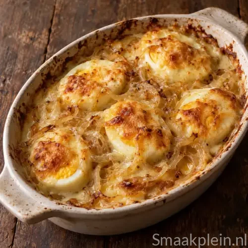 Gegratineerde eieren met zachte uien, romige bechamelsaus en gesmolten Gruyère