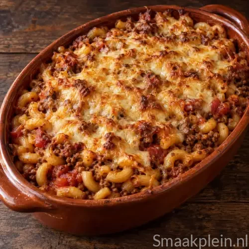 Gegratineerde macaroni met rundergehakt, tomaat, Parmezaanse kaas en goudbruine korst