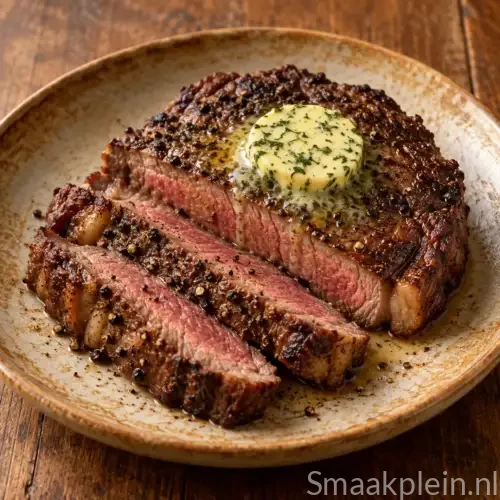 Gegrilde entrecote met groene peper en smeltende kruidenboter
