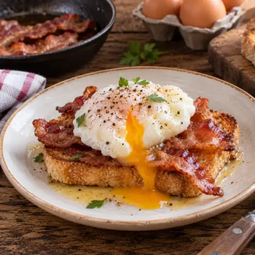 Gepocheerde eieren met knapperige bacon op goudbruin geroosterde toast