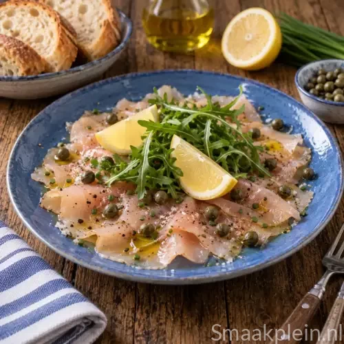 Gerookte marlijncarpaccio met kappertjes, verse bieslook en balsamicodressing als koud voorgerecht