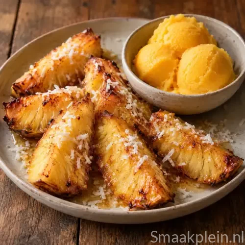 Geroosterde ananas uit de airfryer met honing, kokos en een bol ijs