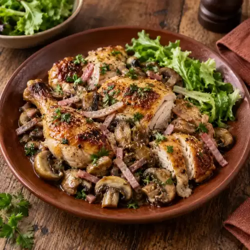 Geroosterde kip met champignons, hamreepjes, peterselie en groene sla.