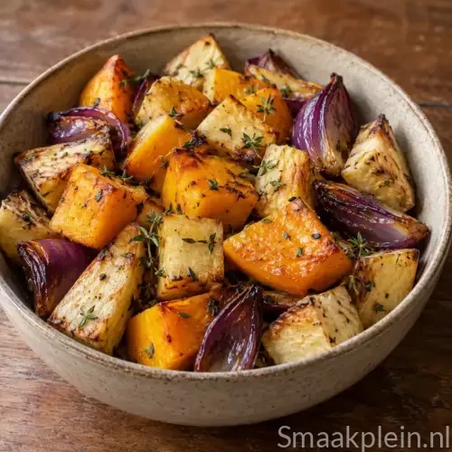 Geroosterde wintergroenten uit de airfryer met pastinaak, knolselderij, rode ui, pompoen en tijm