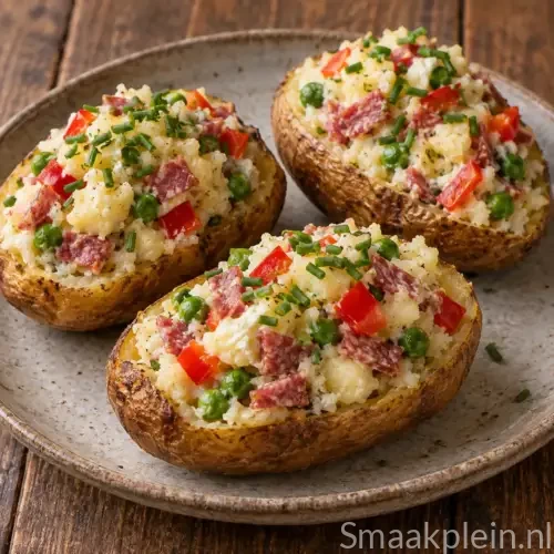 Gevulde aardappelen uit de airfryer met chorizo, rode paprika en doperwten