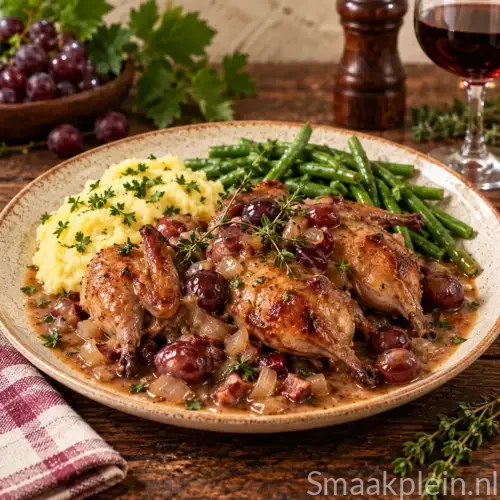 Gevulde duif met veenbessensaus en romige aardappelpuree