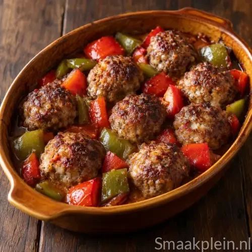 Gevulde gehaktballen van rundvlees met rode en groene paprika en Parmezaanse kaas