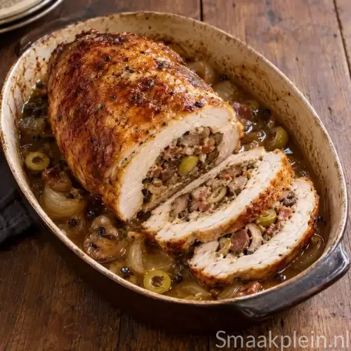 Andalusische kalkoen met champignons, groene olijven, spek en sherrysaus.