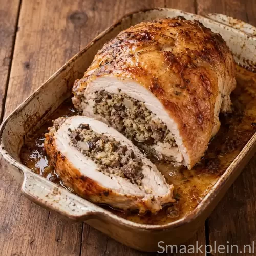 Gevulde kalkoen met champignons, broodkruim, ui en een hartige vulling.