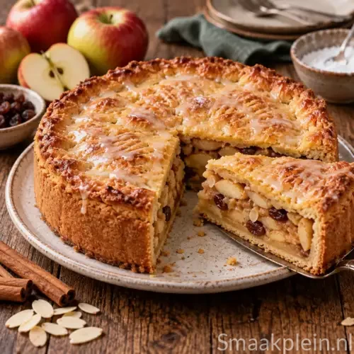 Glutenvrije appeltaart met marsepein, appel, kaneel, rozijnen en amandelen