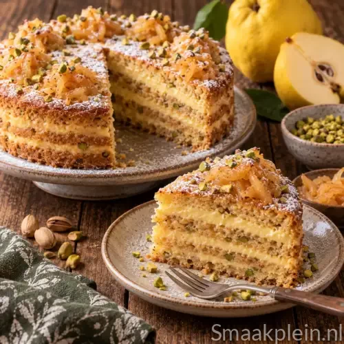 Glutenvrije kweepeertaart met pistache en romige kweepeer-citroenvulling