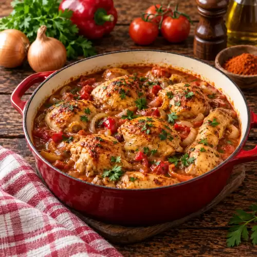 Goelasj van kip met ui, paprika en tomaat in een kruidige paprikasaus op een rustieke houten tafel.
