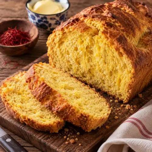 Goudgeel saffraanbrood met roggemeel uit de broodbakmachine