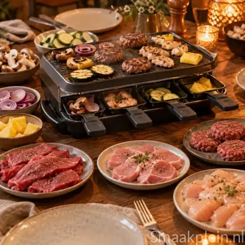 Gourmetstel met verschillende soorten vlees, kip, biefstuk, gehakt, champignons en paprika