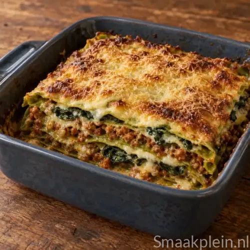 Groene lasagne met bolognesesaus, jonge bladspinazie, witte saus en geraspte pecorino