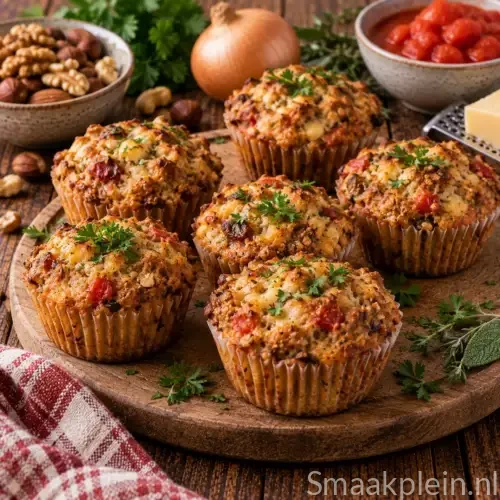 Glutenvrije hartige notenmuffins met gemengde noten, kaas, tomaat en verse kruiden